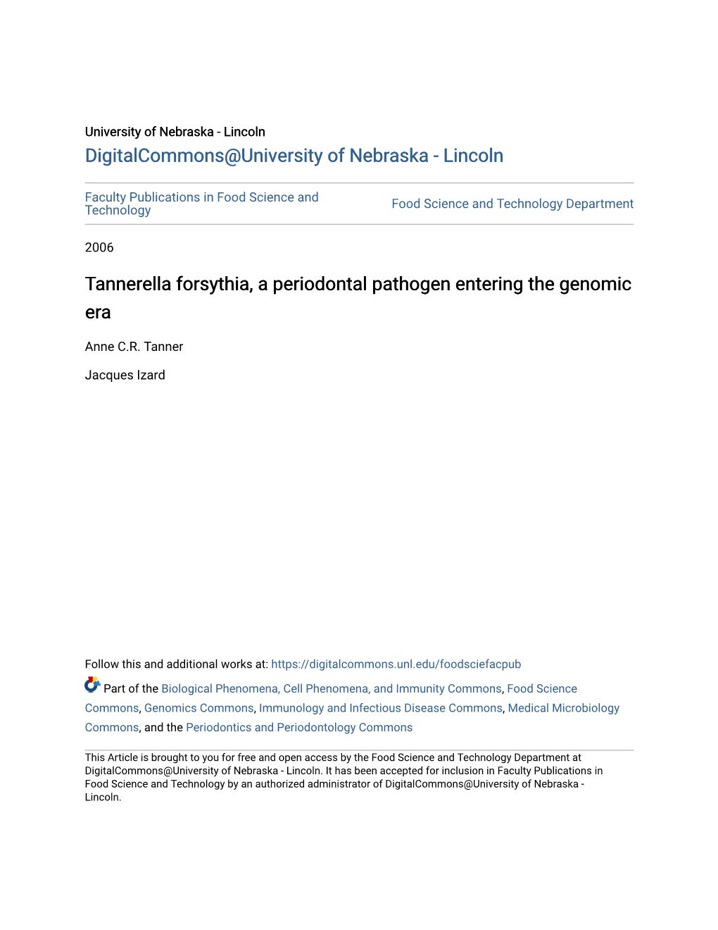 Tannerella Forsythia, a Periodontal Pathogen Entering the Genomic Era