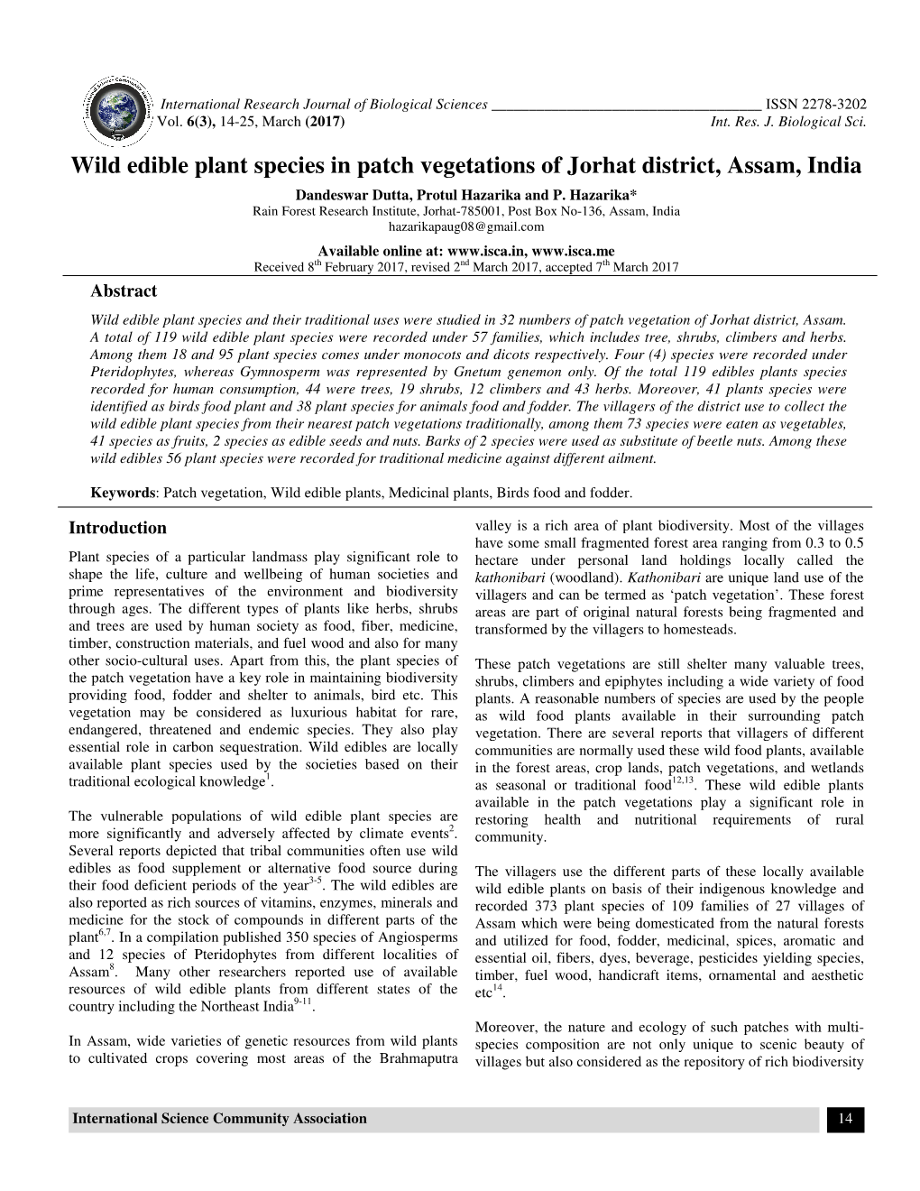 Nt Species in Patch Vegetations of Jorhat District, Assam, India Dandeswar Dutta, Protul Hazarika and P