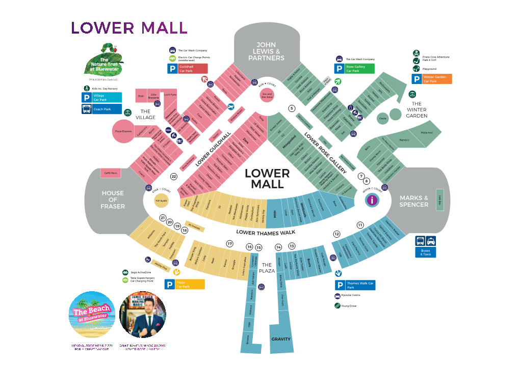 LOWER MALL JOHN the Car Wash Company LEWIS & Electric Car Charge Points Pirate Cove Adventure (Middle Level) PARTNERS the Car Wash Company Park & Golf