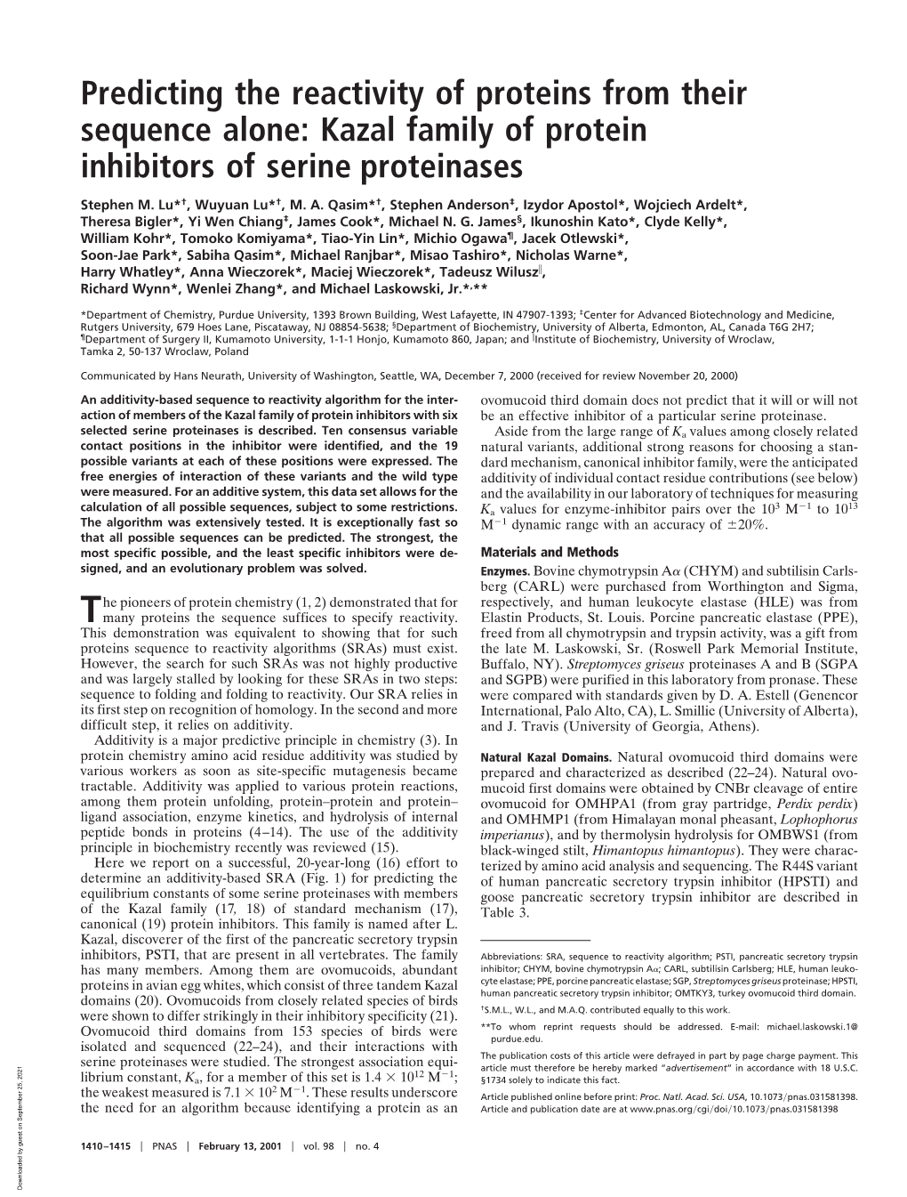 Kazal Family of Protein Inhibitors of Serine Proteinases