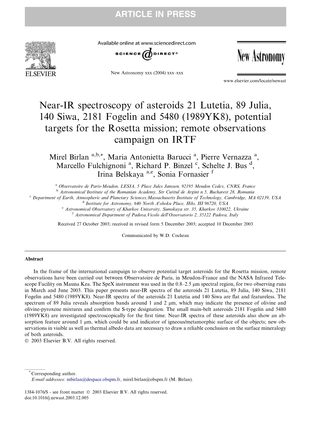 Near-IR Spectroscopy of Asteroids 21 Lutetia, 89 Julia, 140 Siwa, 2181