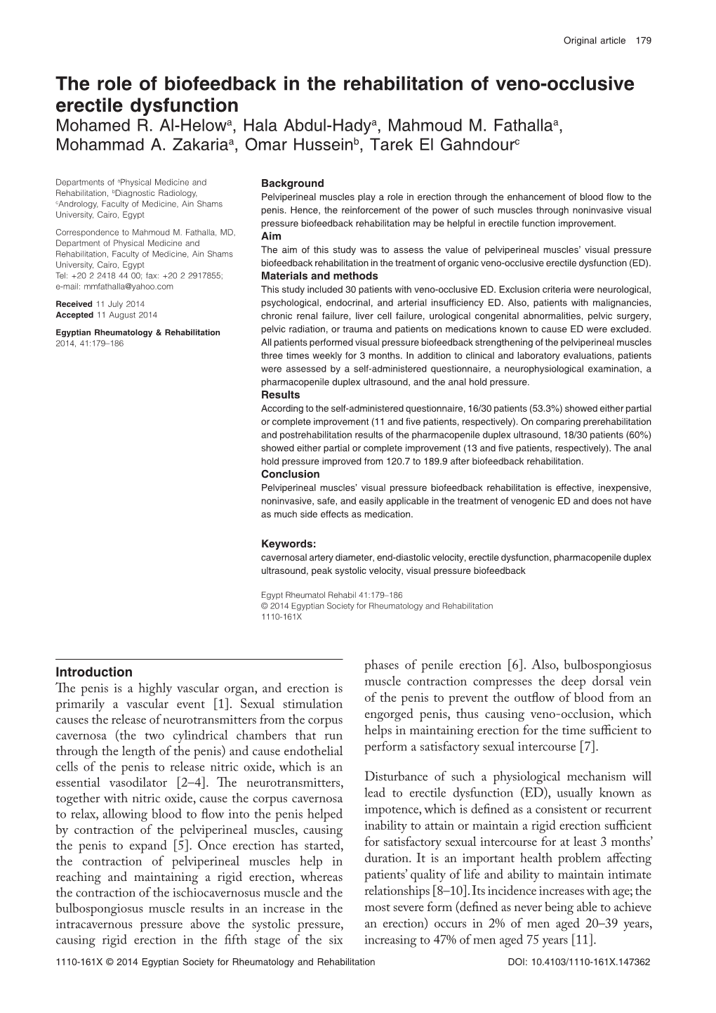 The Role of Biofeedback in the Rehabilitation of Veno-Occlusive Erectile Dysfunction Mohamed R