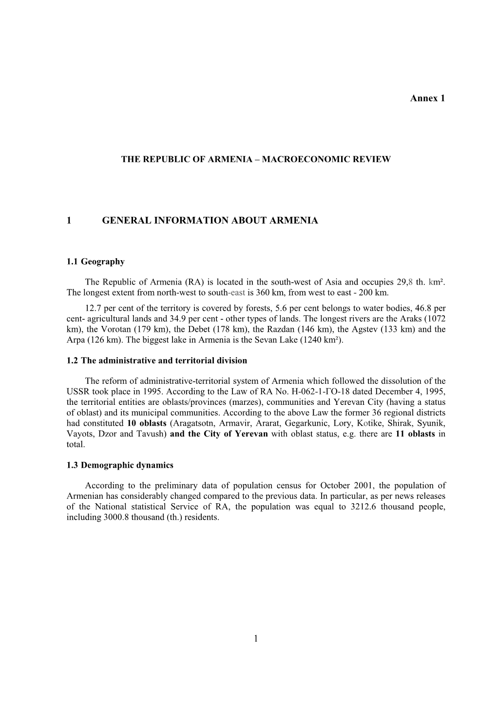 1 Annex 1 1 GENERAL INFORMATION ABOUT ARMENIA