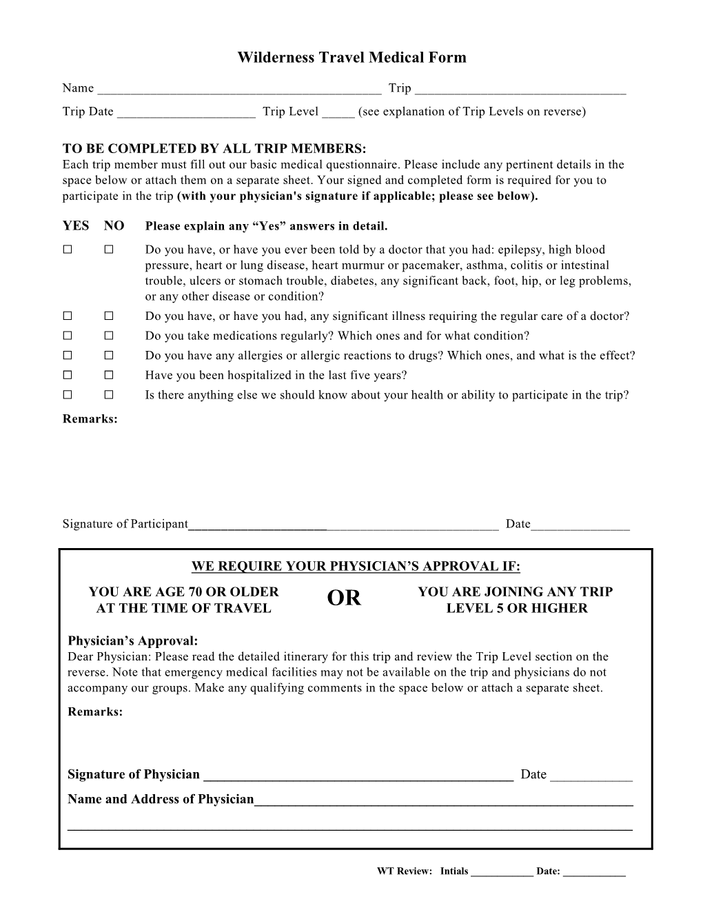 Wilderness Travel Medical Form