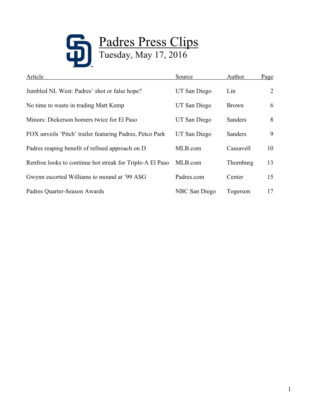 Padres Press Clips Tuesday, May 17, 2016