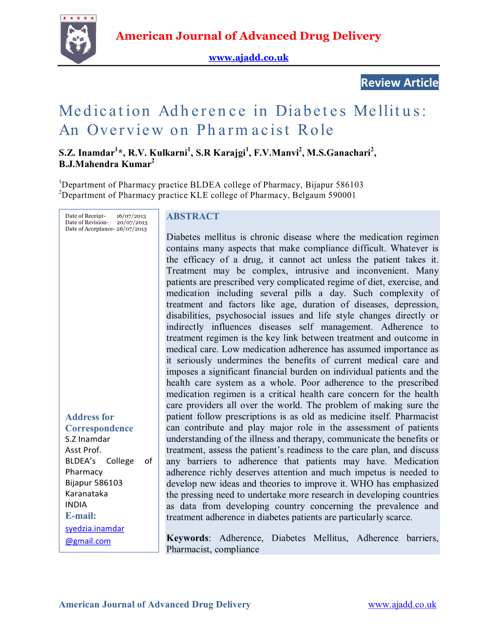 Medication Adherence in Diabetes Mellitus: an Overview on Pharmacist Role S.Z