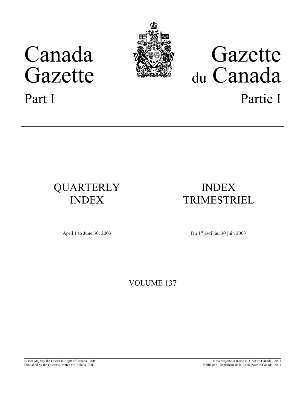 Canada Gazette, Part I, Quarterly Index