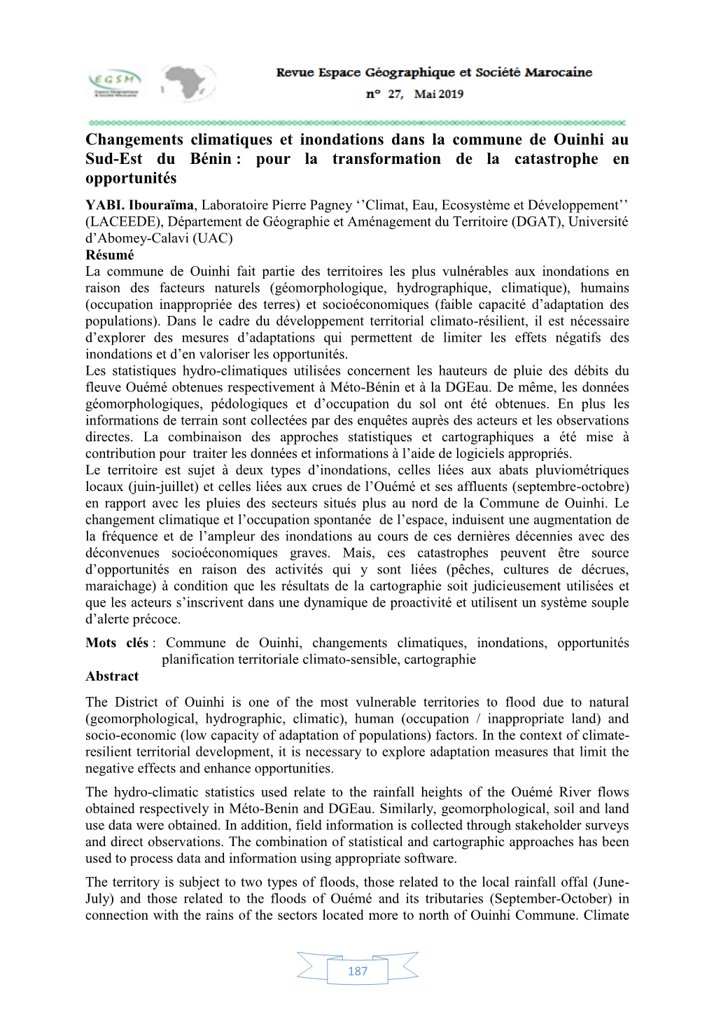 Changements Climatiques Et Inondations Dans La Commune De Ouinhi Au Sud-Est Du Bénin : Pour La Transformation De La Catastrophe En Opportunités YABI