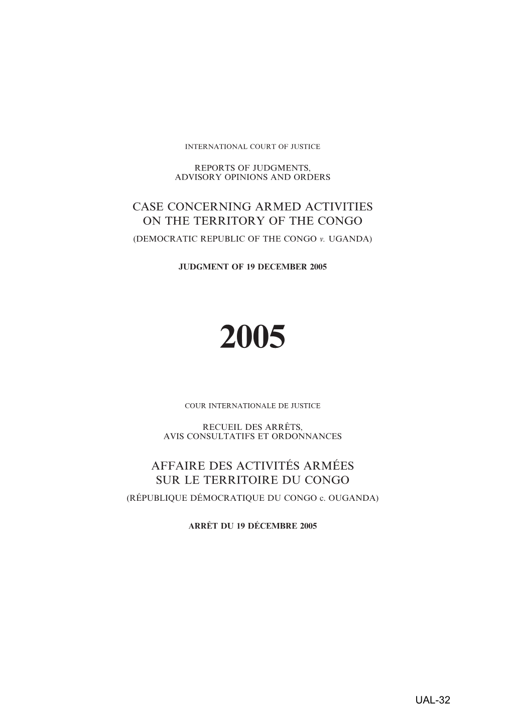 CASE CONCERNING ARMED ACTIVITIES on the TERRITORY of the CONGO (DEMOCRATIC REPUBLIC of the CONGO V