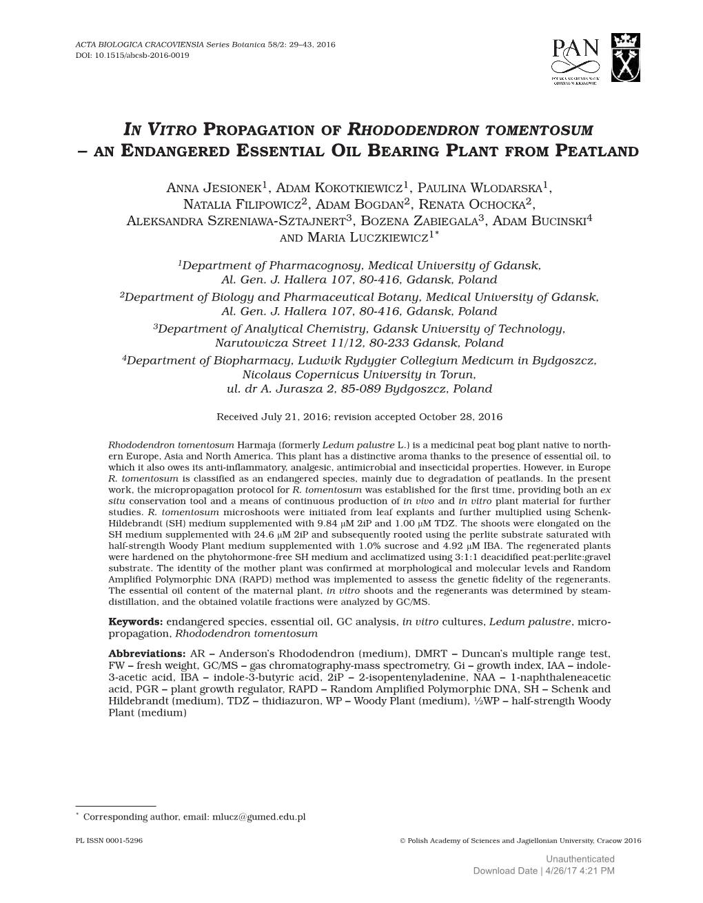 In Vitro Propagation of Rhododendron Tomentosum – an Endangered Essential Oil Bearing Plant from Peatland