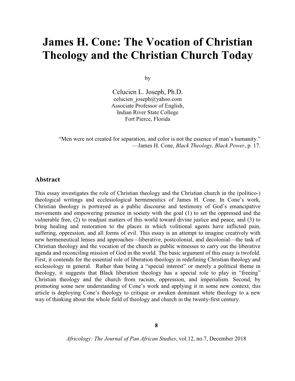 James H. Cone: the Vocation of Christian Theology and the Christian Church Today