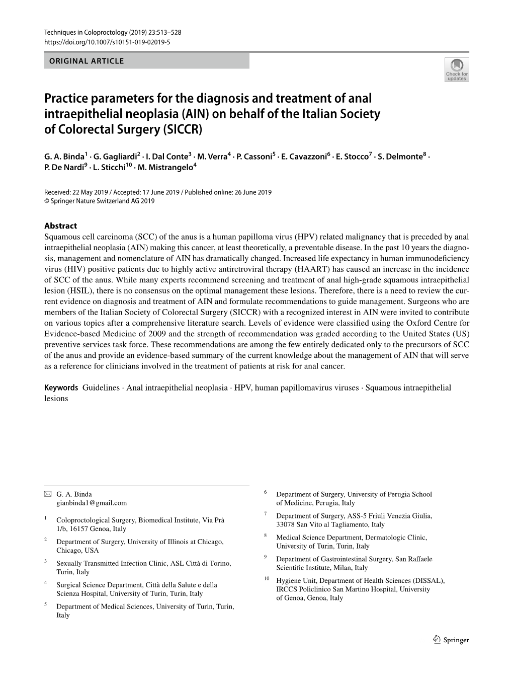 Practice Parameters for the Diagnosis and Treatment of Anal Intraepithelial Neoplasia (AIN) on Behalf of the Italian Society of Colorectal Surgery (SICCR)