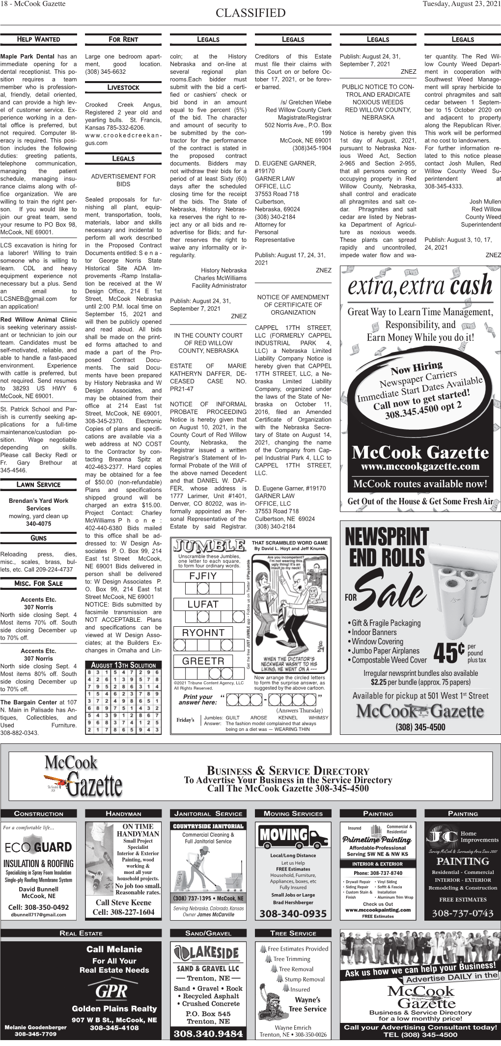 (/) Tuesday Classified Page 16-18.Indd