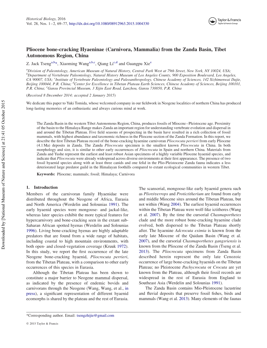 Pliocene Bone-Cracking Hyaeninae (Carnivora, Mammalia) from the Zanda Basin, Tibet Autonomous Region, China Z