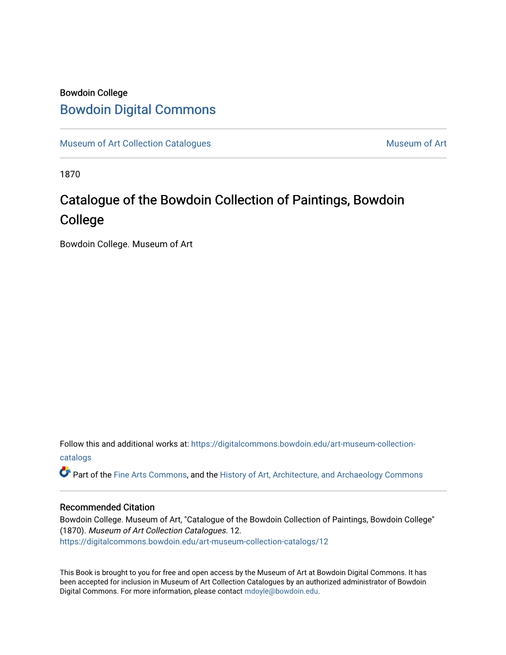 Catalogue of the Bowdoin Collection of Paintings, Bowdoin College