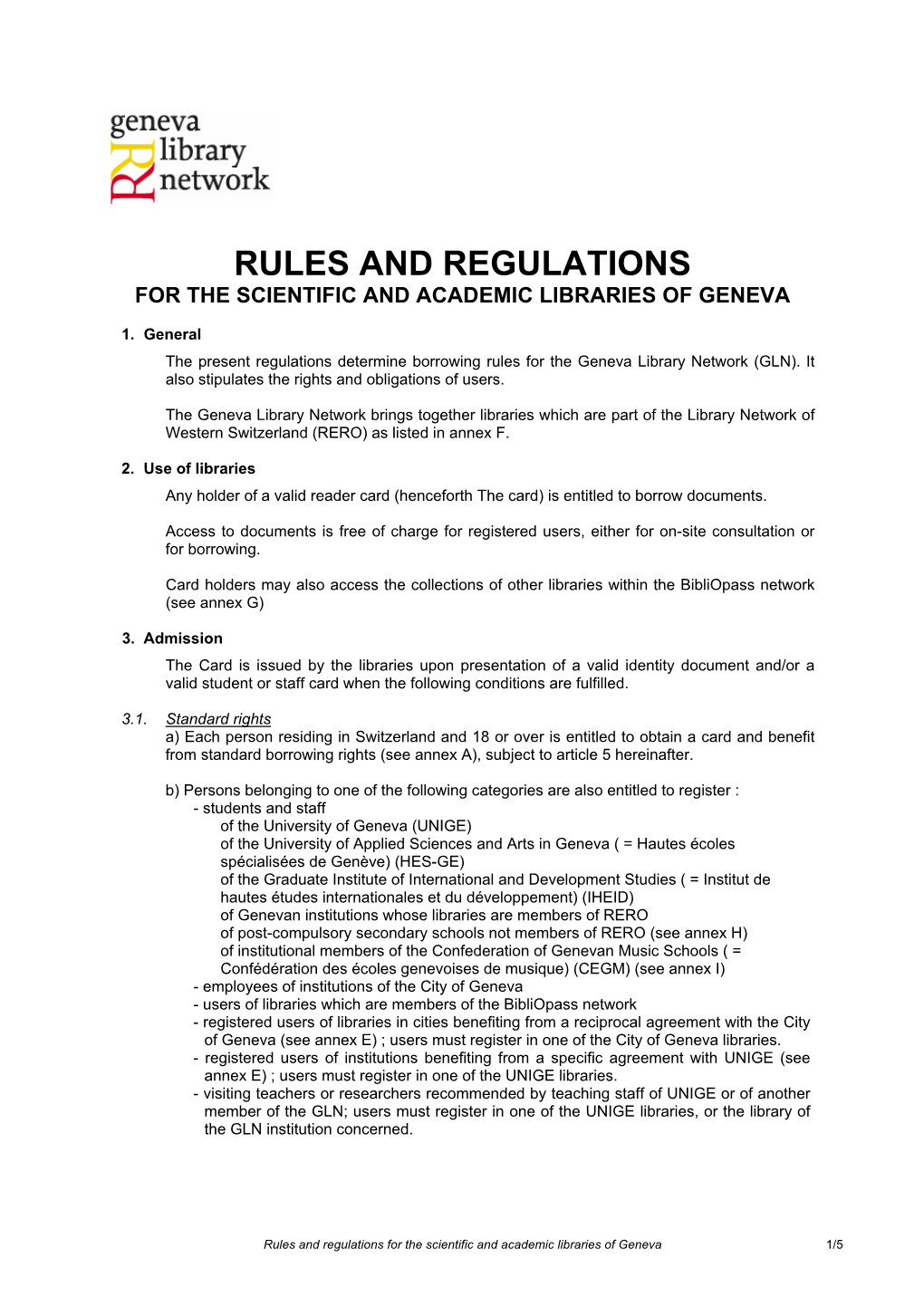 Rules and Regulations for the Scientific and Academic Libraries of Geneva