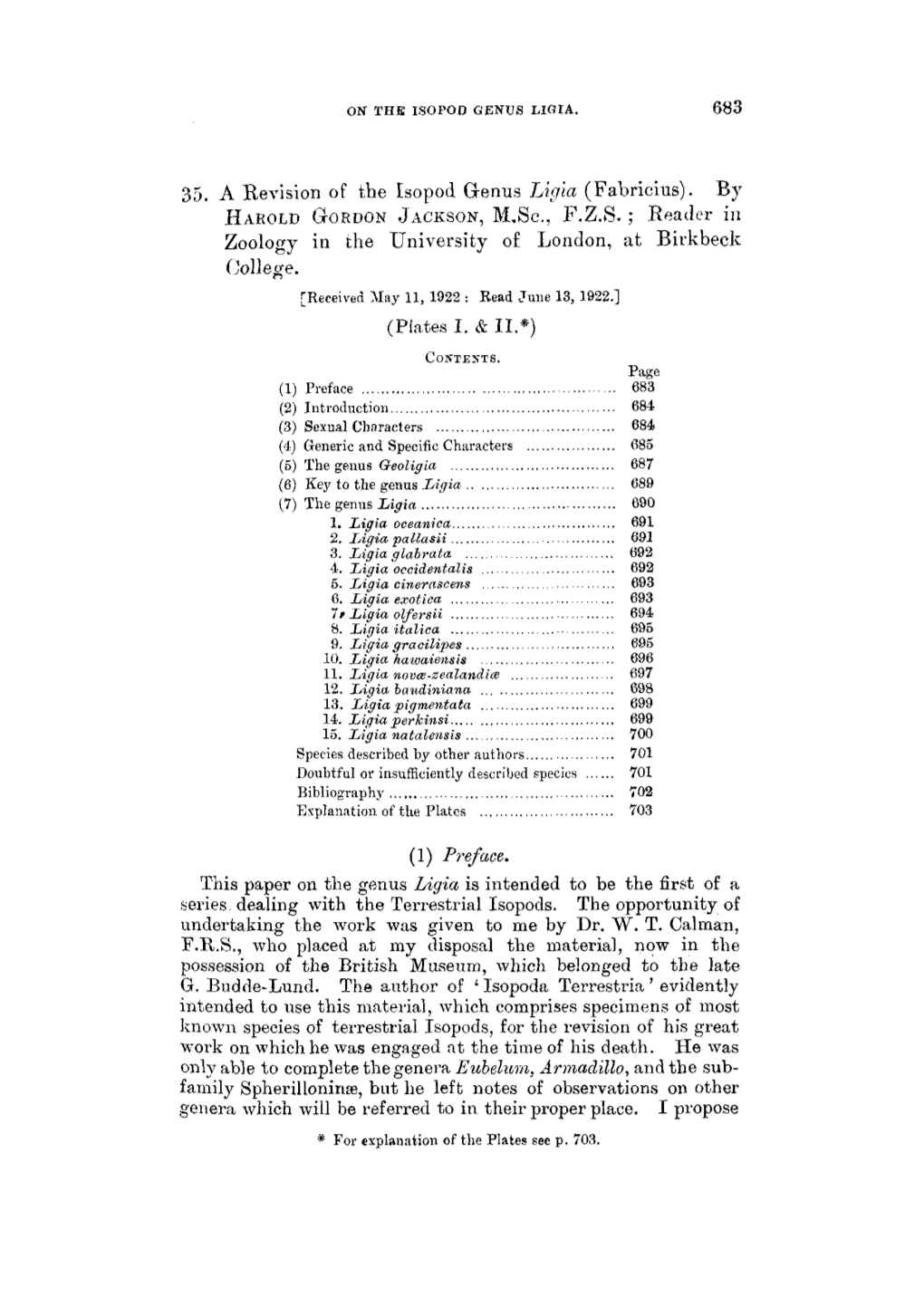 A Revision of the Isopod Genus Ligia (Fabricius)