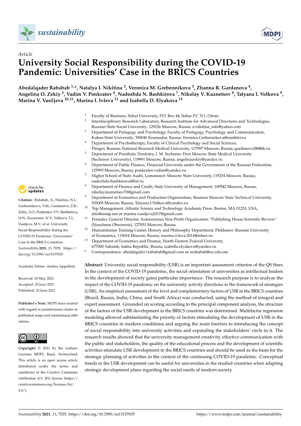 University Social Responsibility During the COVID-19 Pandemic: Universities’ Case in the BRICS Countries