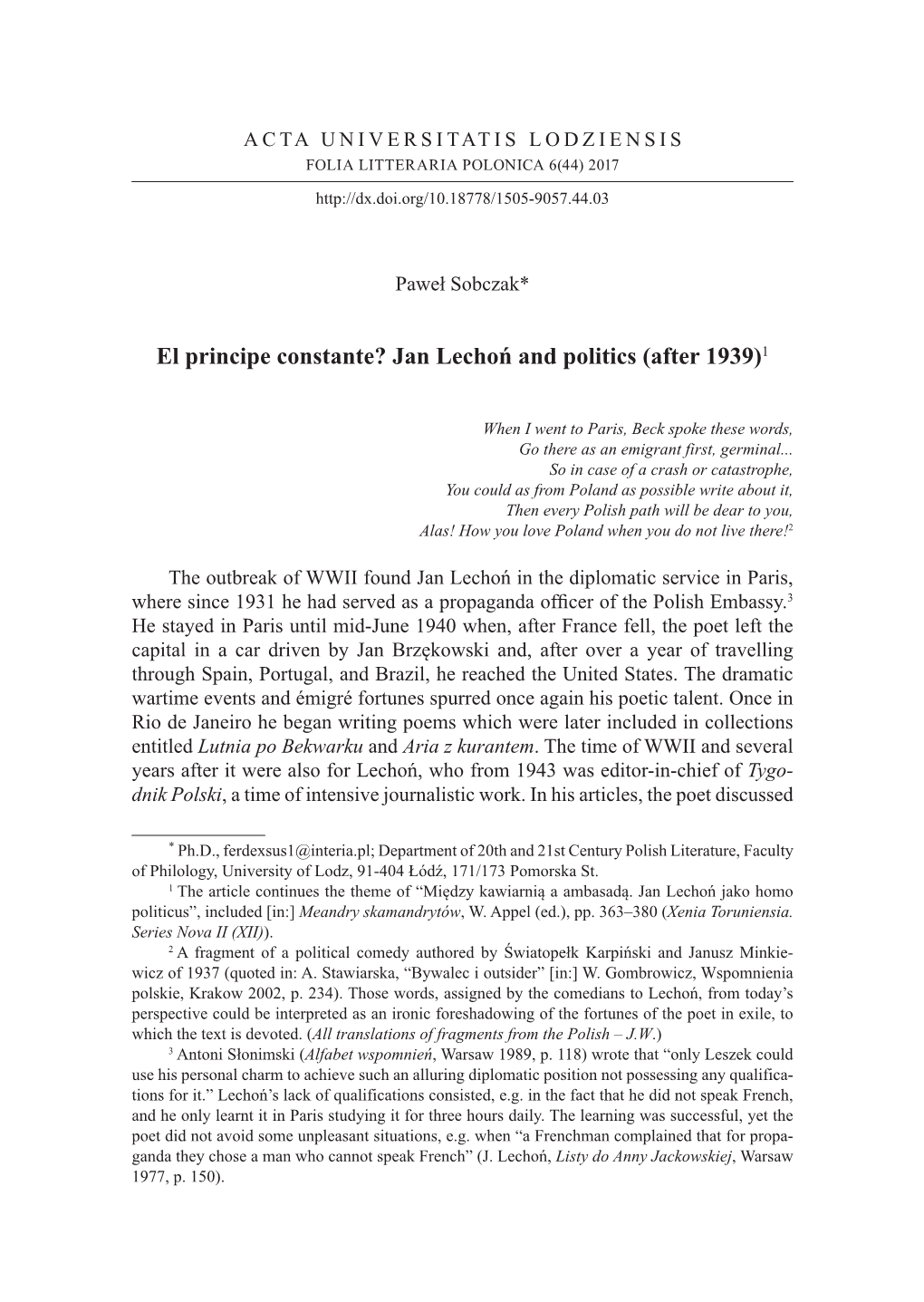 El Principe Constante? Jan Lechoń and Politics (After 1939)1