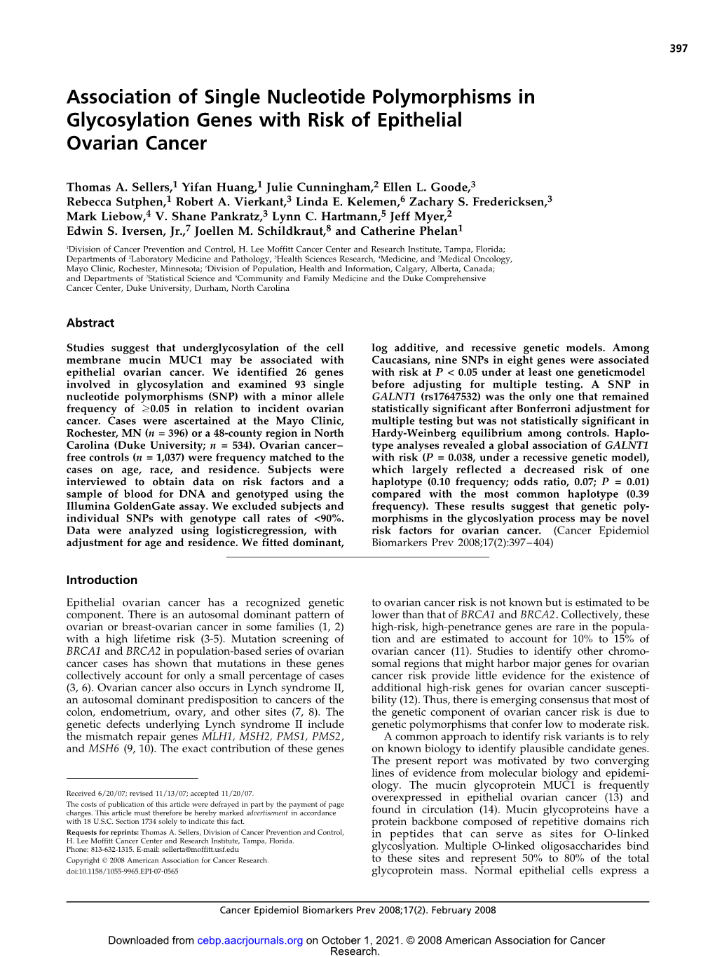 Association of Single Nucleotide Polymorphisms in Glycosylation Genes with Risk of Epithelial Ovarian Cancer