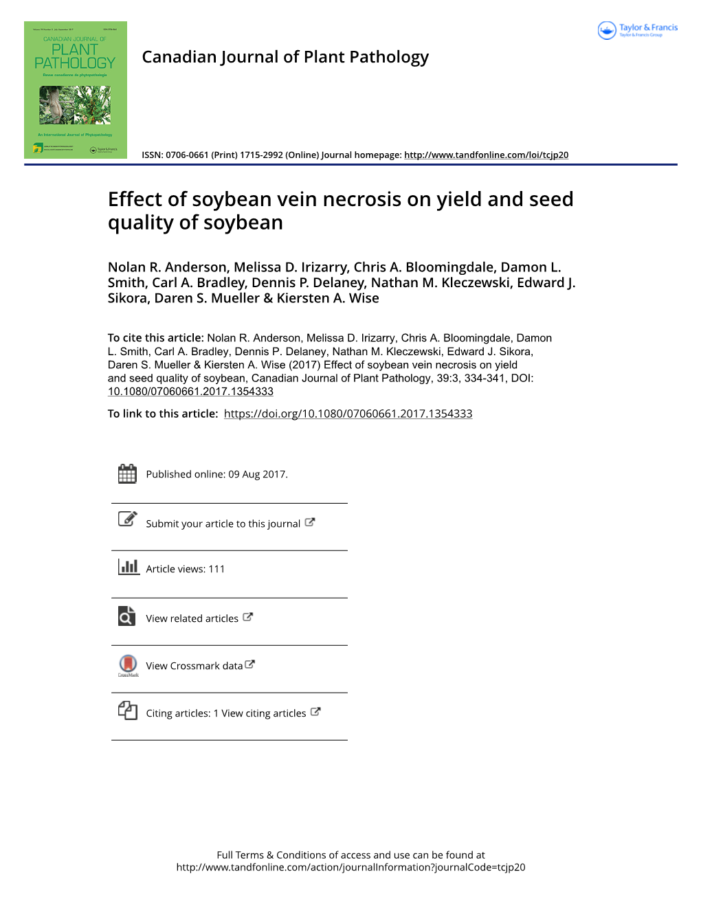 Effect of Soybean Vein Necrosis on Yield and Seed Quality of Soybean