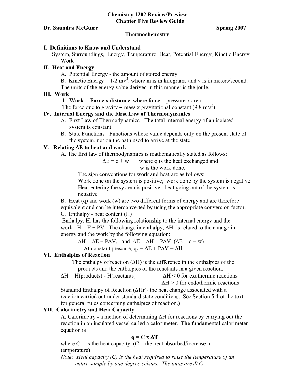 Chemistry 1202 Review/Preview Chapter Five Review Guide Dr