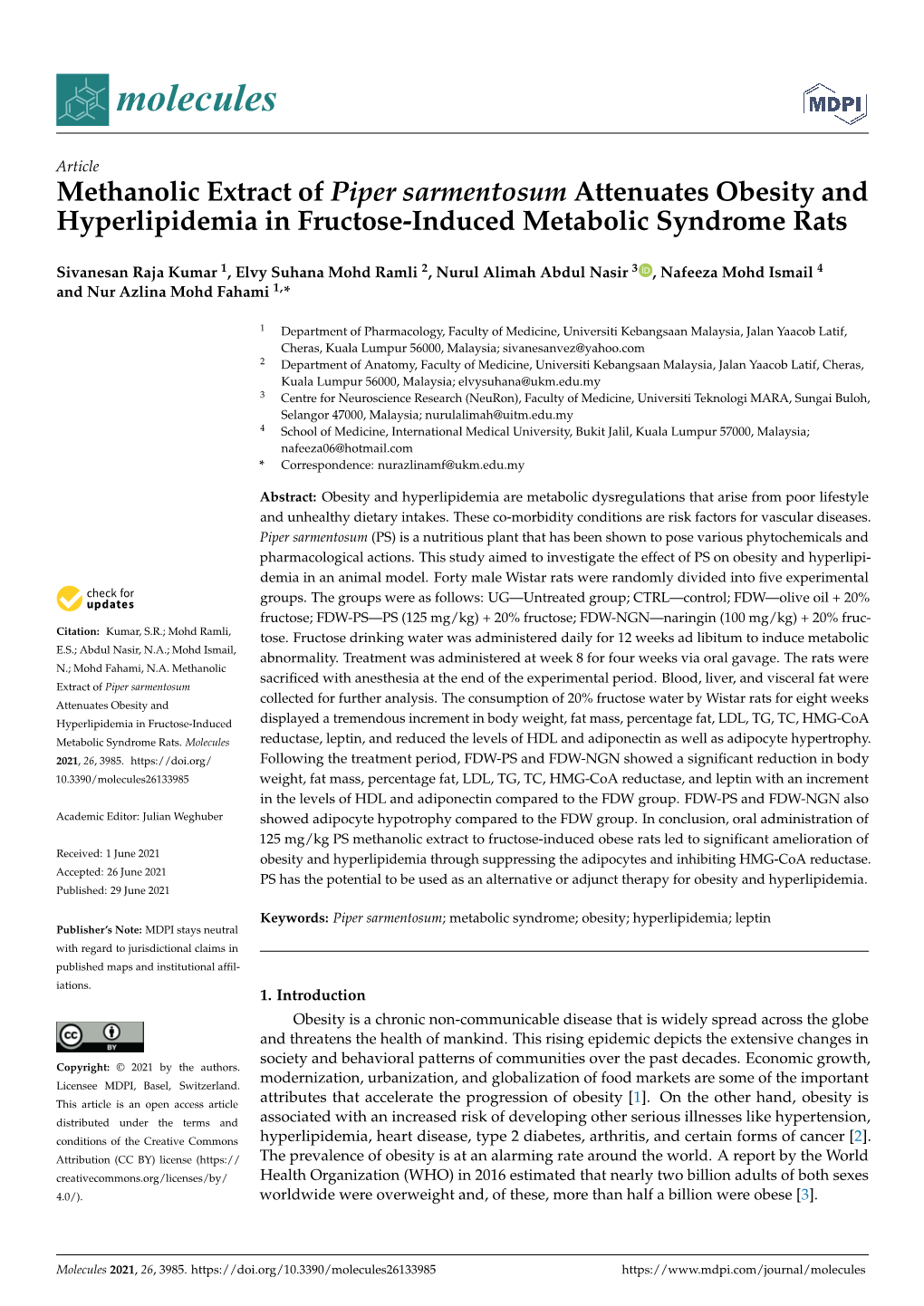 Methanolic Extract of Piper Sarmentosum Attenuates Obesity and Hyperlipidemia in Fructose-Induced Metabolic Syndrome Rats