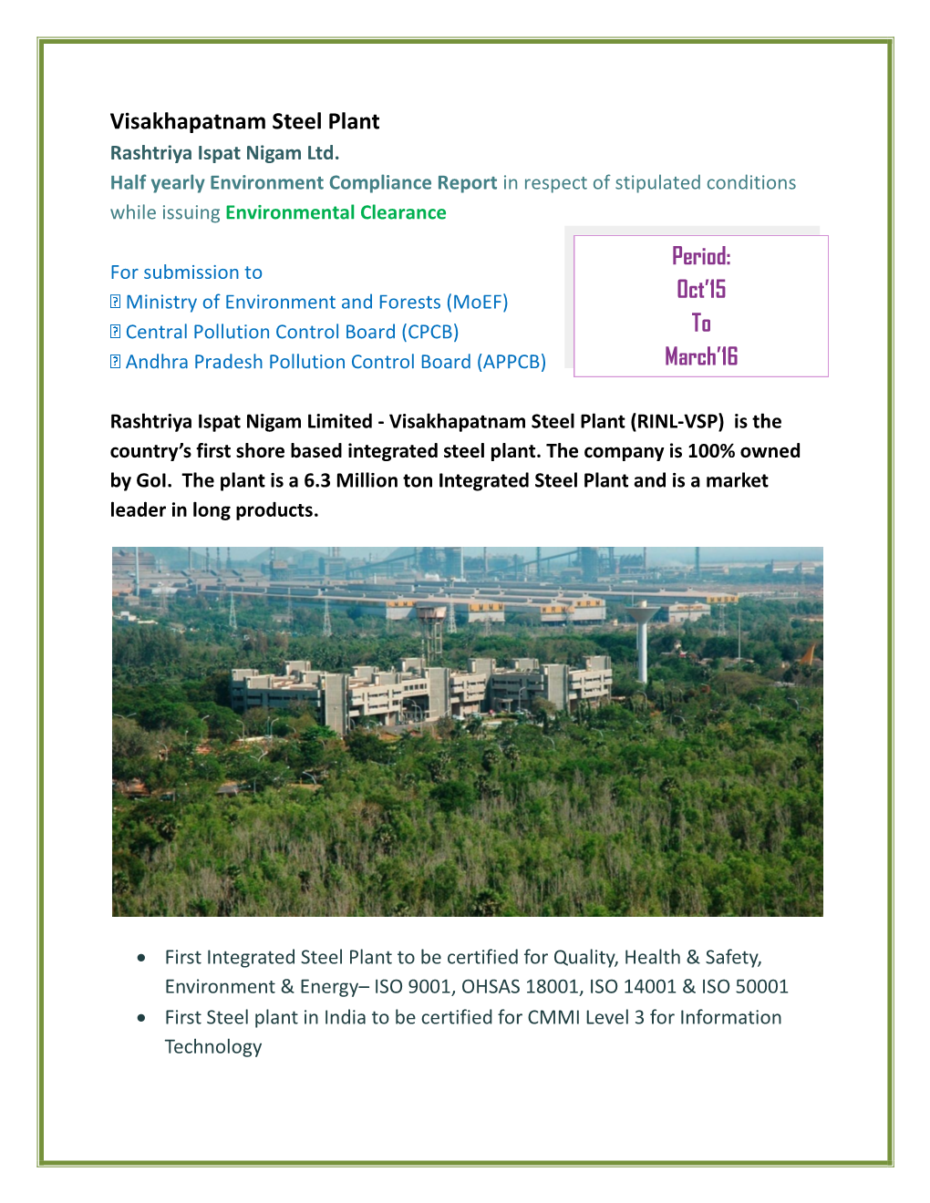 Visakhapatnam Steel Plant Period: Oct'15 to March'16