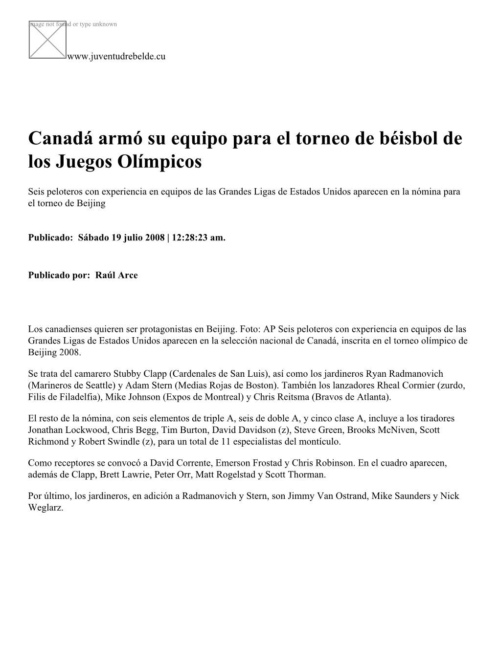 Canadá Armó Su Equipo Para El Torneo De Béisbol De Los Juegos Olímpicos