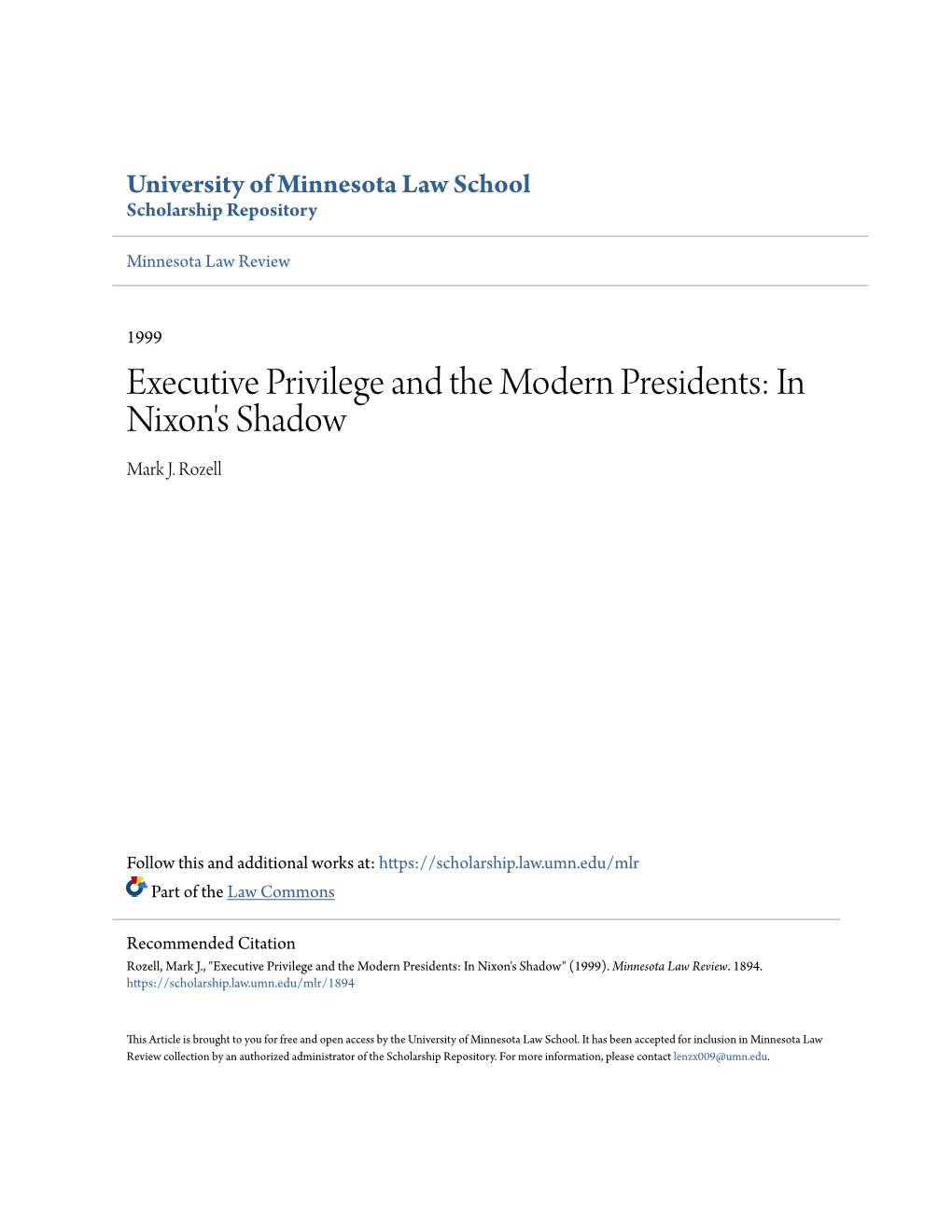 Executive Privilege and the Modern Presidents: in Nixon's Shadow Mark J