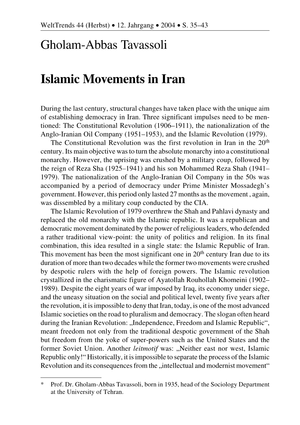 Gholam-Abbas Tavassoli Islamic Movements in Iran