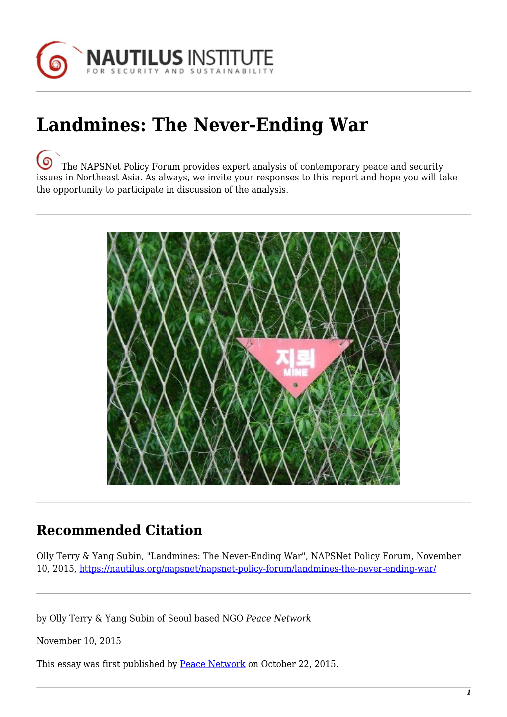 Landmines: the Never-Ending War