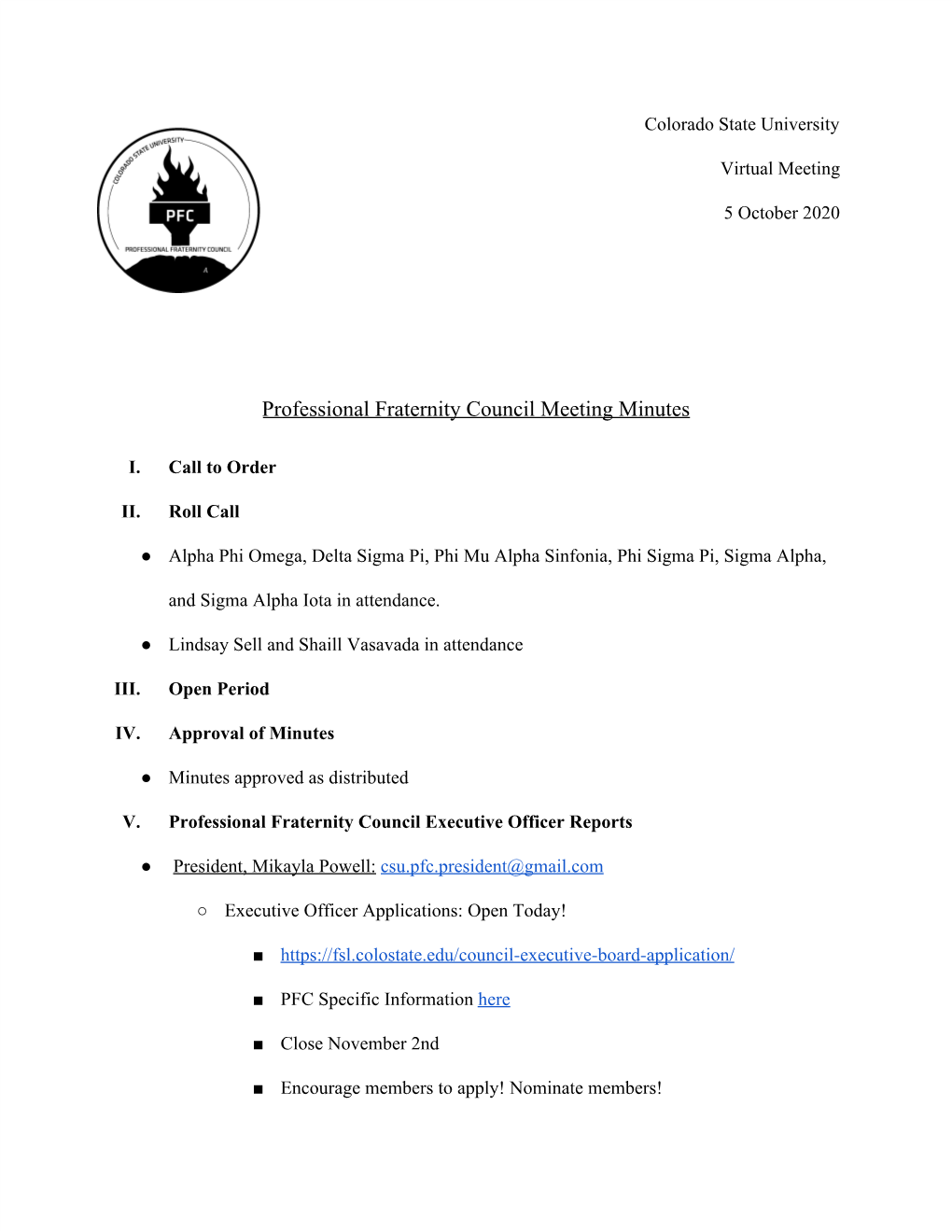 Professional Fraternity Council Meeting Minutes