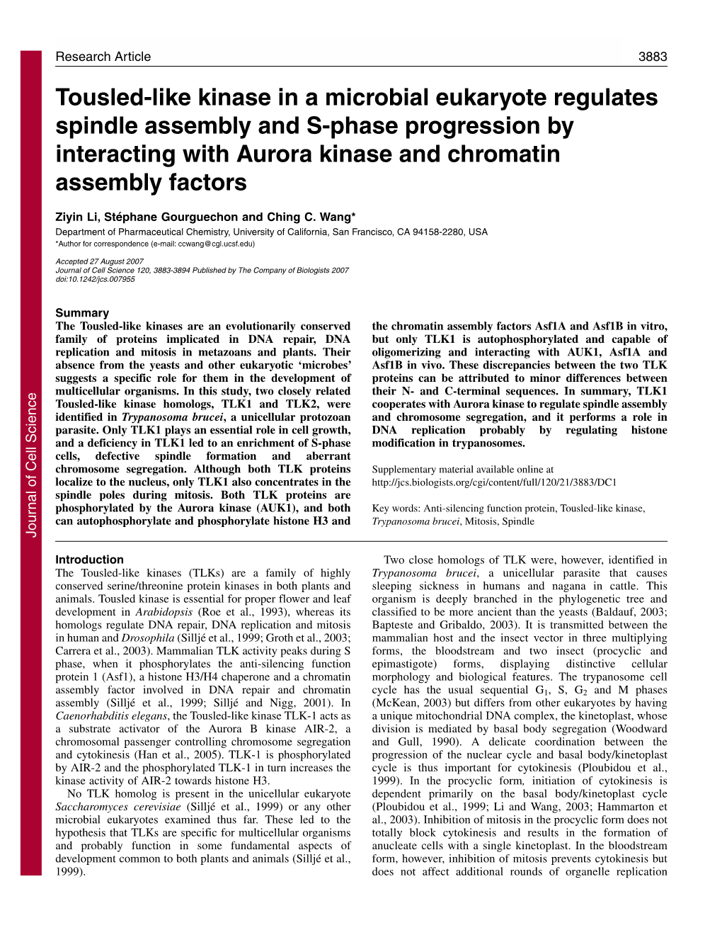 Tousled-Like Kinase in a Microbial Eukaryote Regulates Spindle Assembly and S-Phase Progression by Interacting with Aurora Kinase and Chromatin Assembly Factors