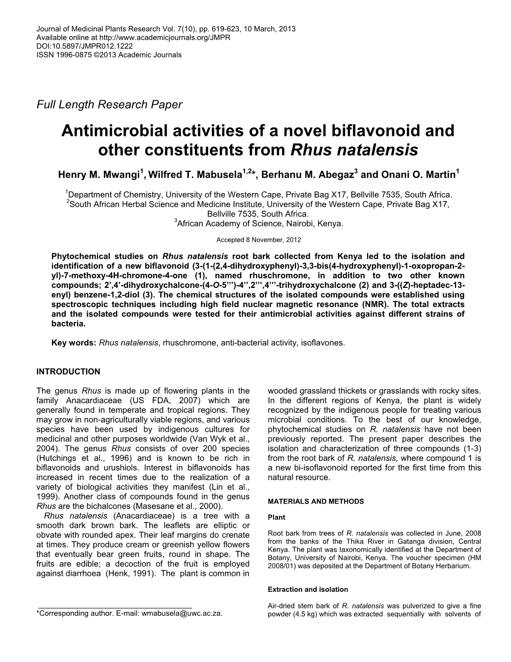 Antimicrobial Activities of a Novel Biflavonoid and Other Constituents from Rhus Natalensis