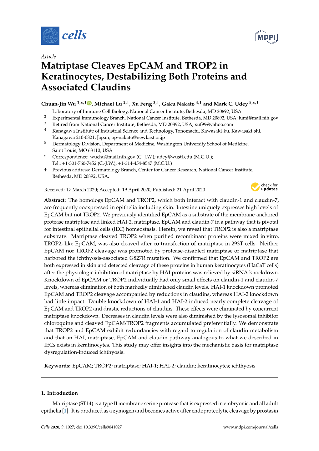 Matriptase Cleaves Epcam and TROP2 in Keratinocytes, Destabilizing Both Proteins and Associated Claudins