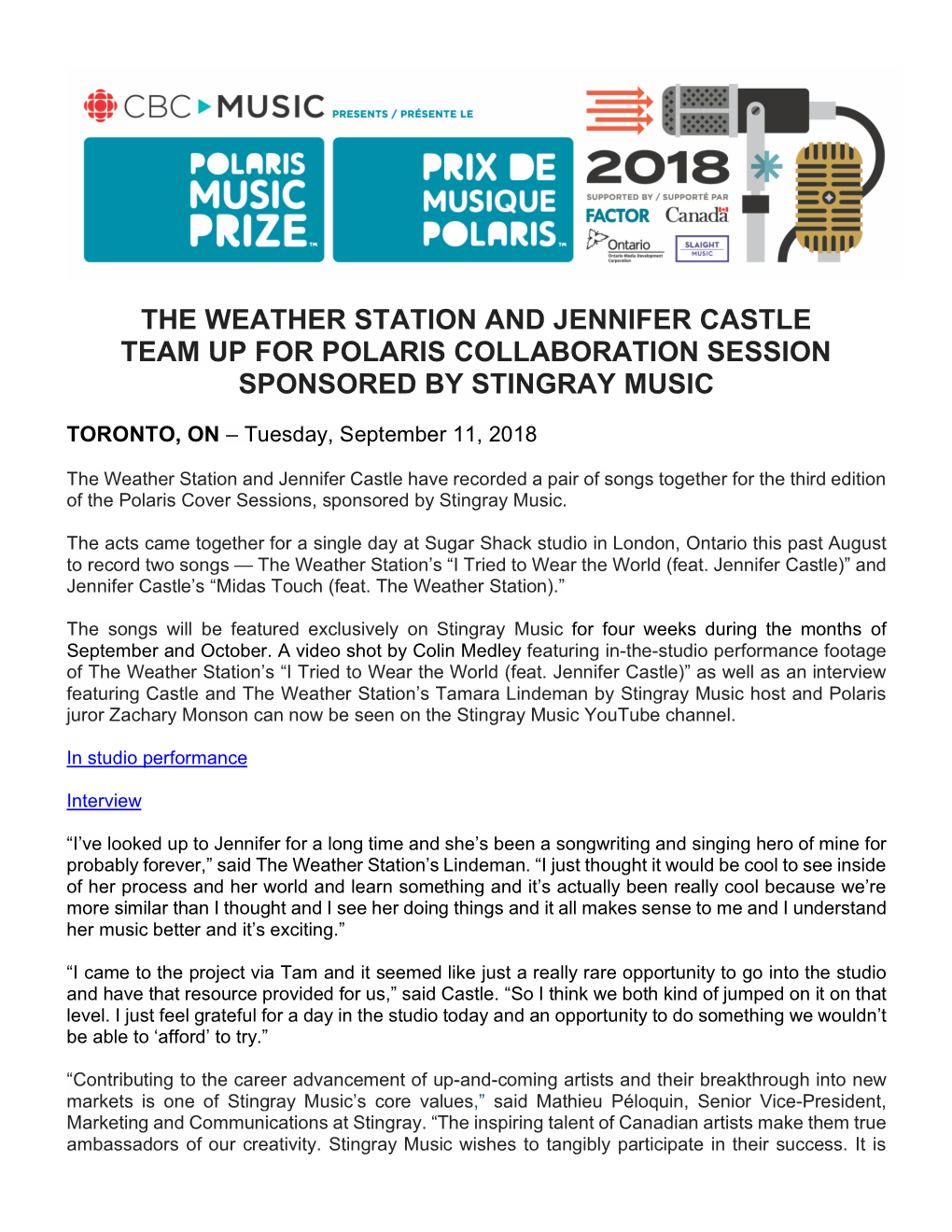 The Weather Station and Jennifer Castle Team up for Polaris Collaboration Session Sponsored by Stingray Music