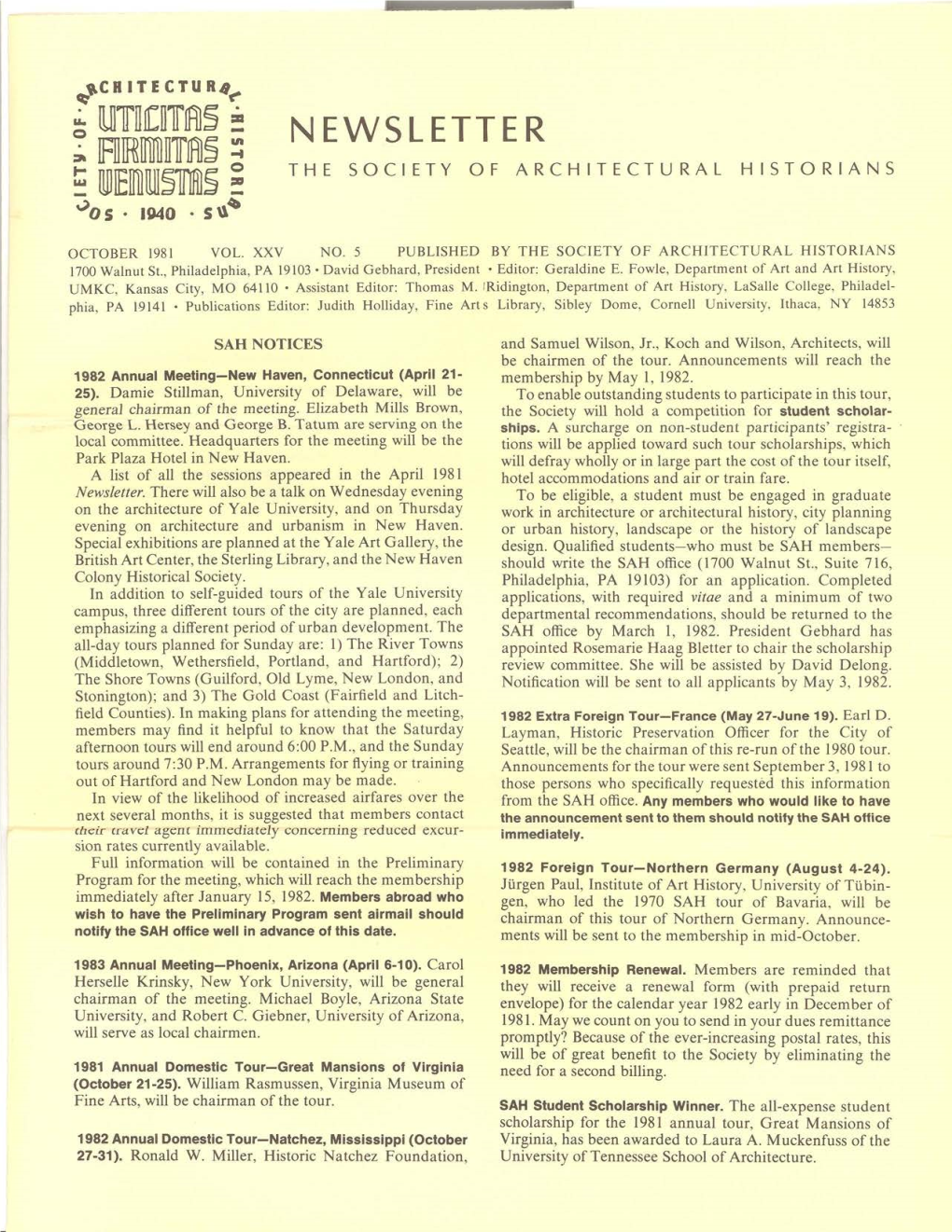 Newsletter the Society of Architectural Historians