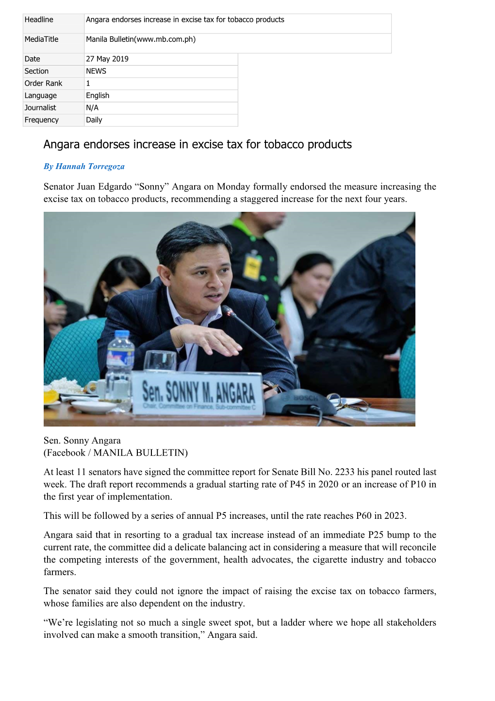 Angara Endorses Increase in Excise Tax for Tobacco Products