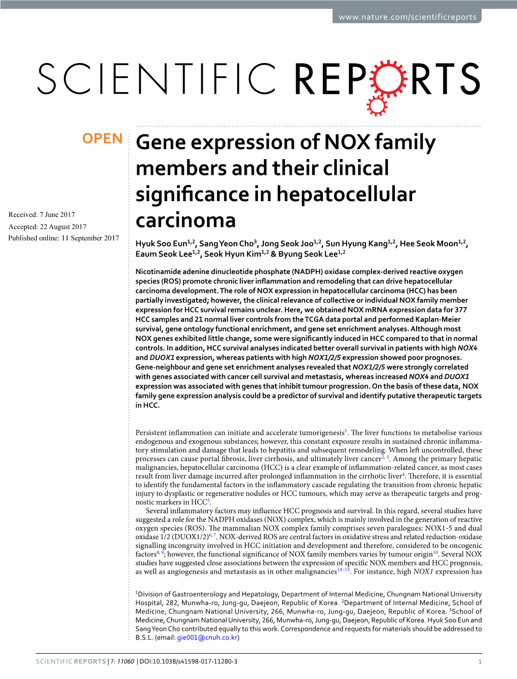 Gene Expression of NOX Family Members and Their Clinical