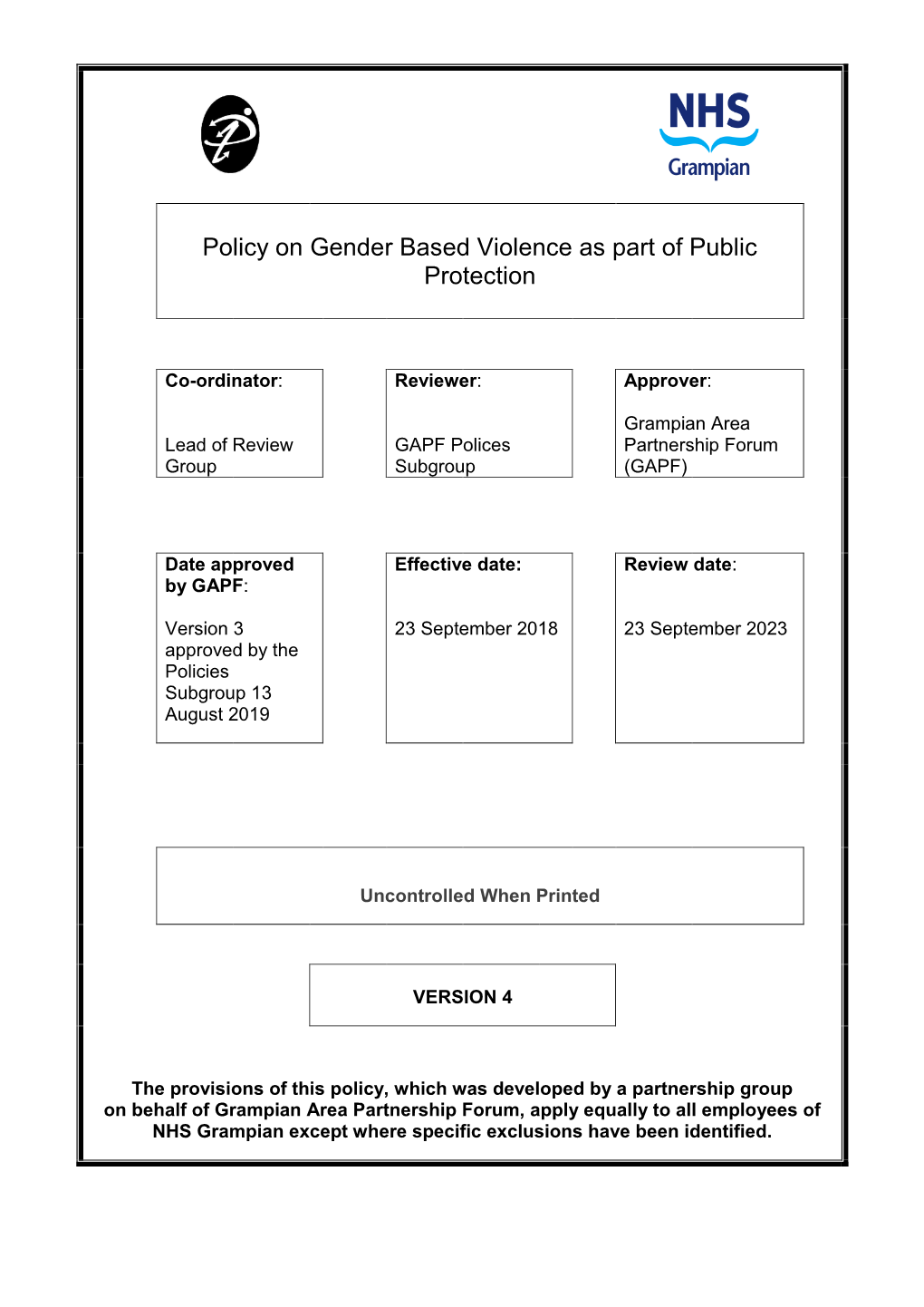 Policy on Gender Based Violence As Part of Public Protection