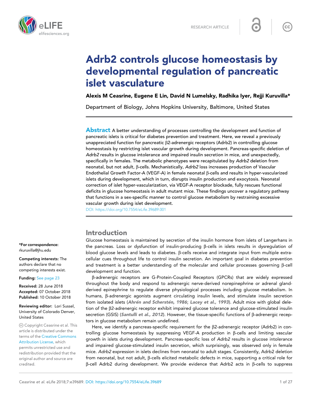 Adrb2 Controls Glucose Homeostasis by Developmental Regulation Of