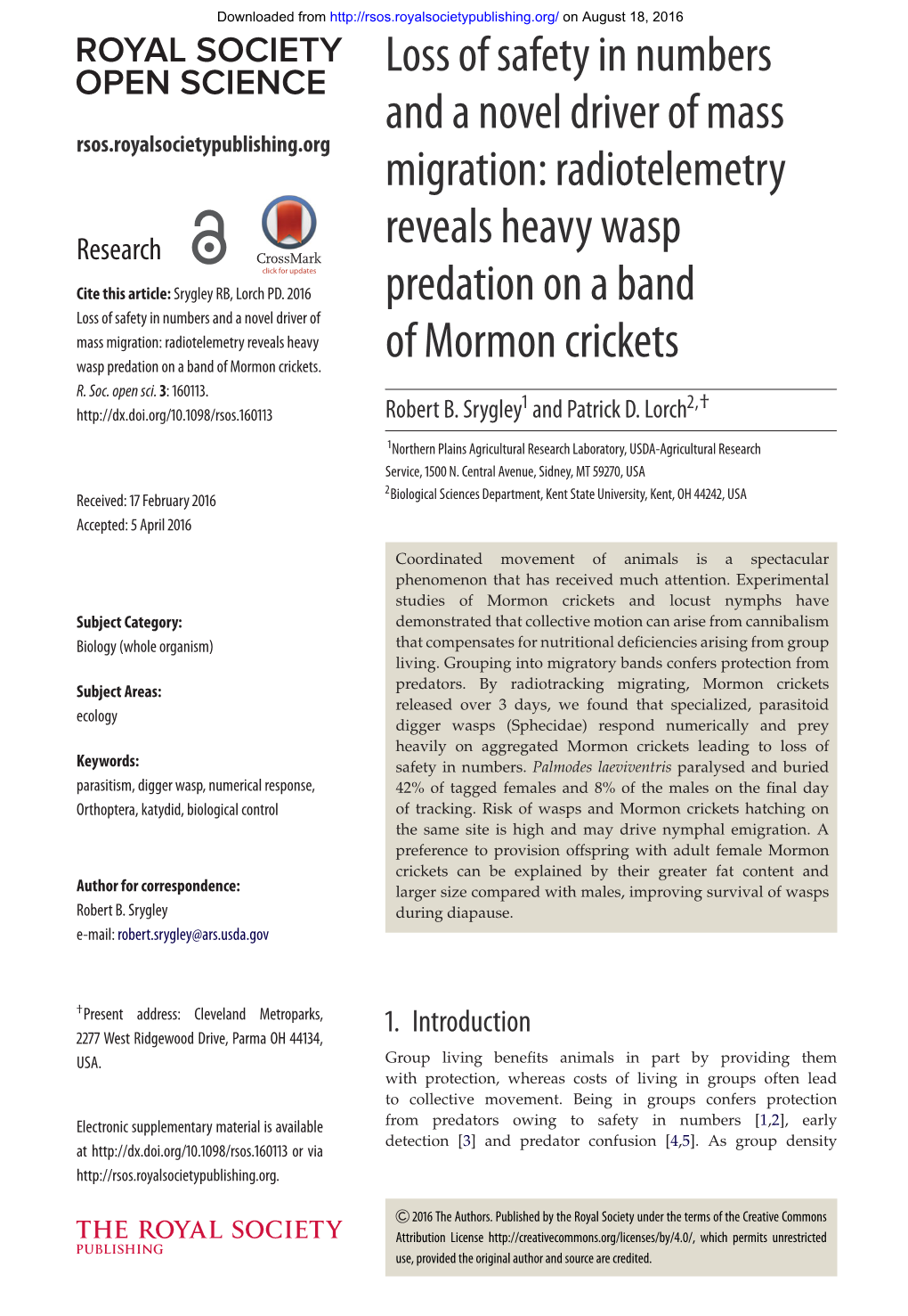 Loss of Safety in Numbers and a Novel Driver of Mass Migration: Radiotelemetry Reveals Heavy Wasp Predation on a Band of Mormon Crickets