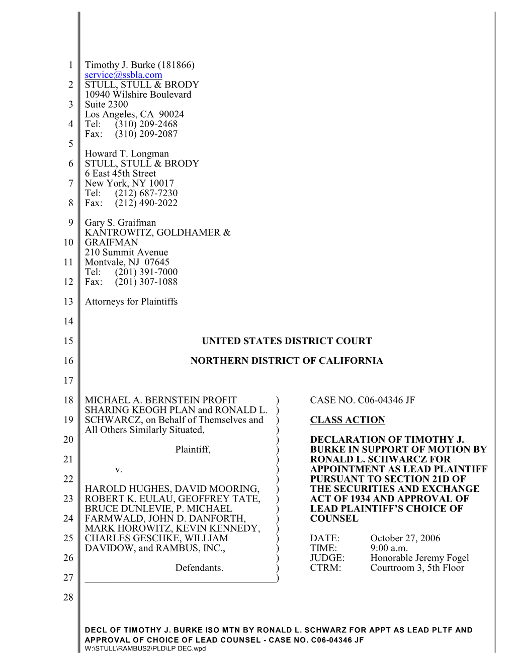 Michael A. Bernstein Profit Sharing Keogh Plan, Et Al. V. Rambus, Inc