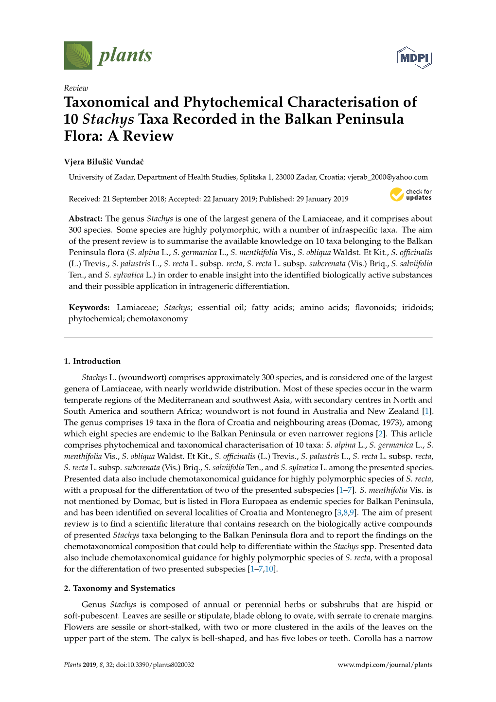 Taxonomical and Phytochemical Characterisation of 10 Stachys Taxa Recorded in the Balkan Peninsula Flora: a Review