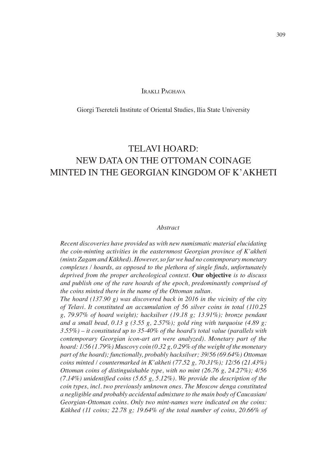 New Data on the Ottoman Coinage Minted in the Georgian Kingdom of K'akheti