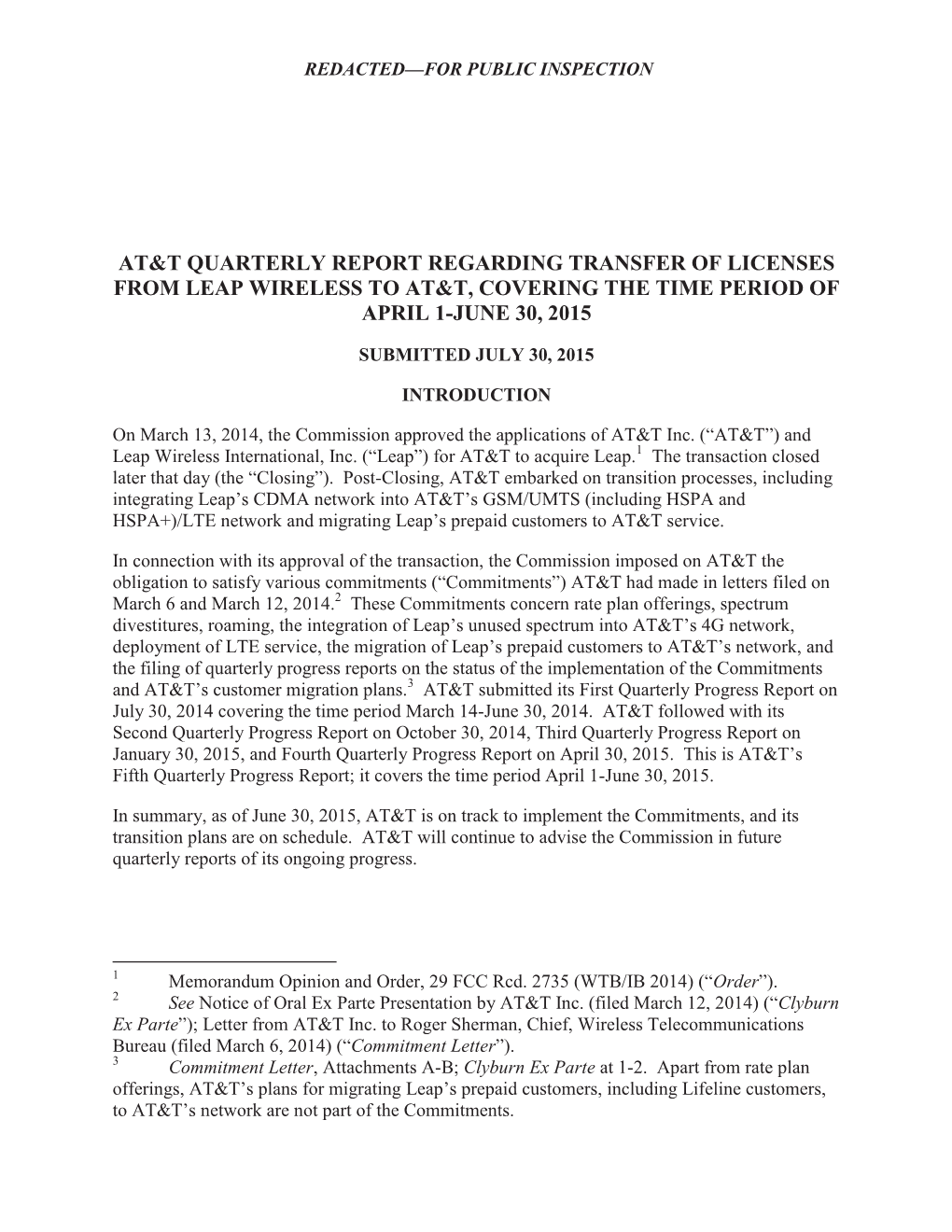 At&T Quarterly Report Regarding Transfer of Licenses from Leap Wireless To