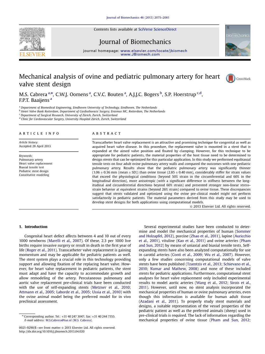 Mechanical Analysis of Ovine and Pediatric Pulmonary Artery for Heart Valve Stent Design