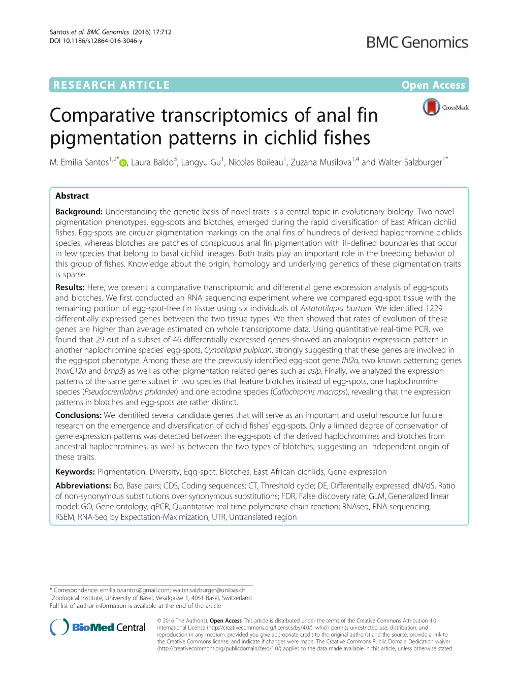 Comparative Transcriptomics of Anal Fin Pigmentation Patterns in Cichlid Fishes M