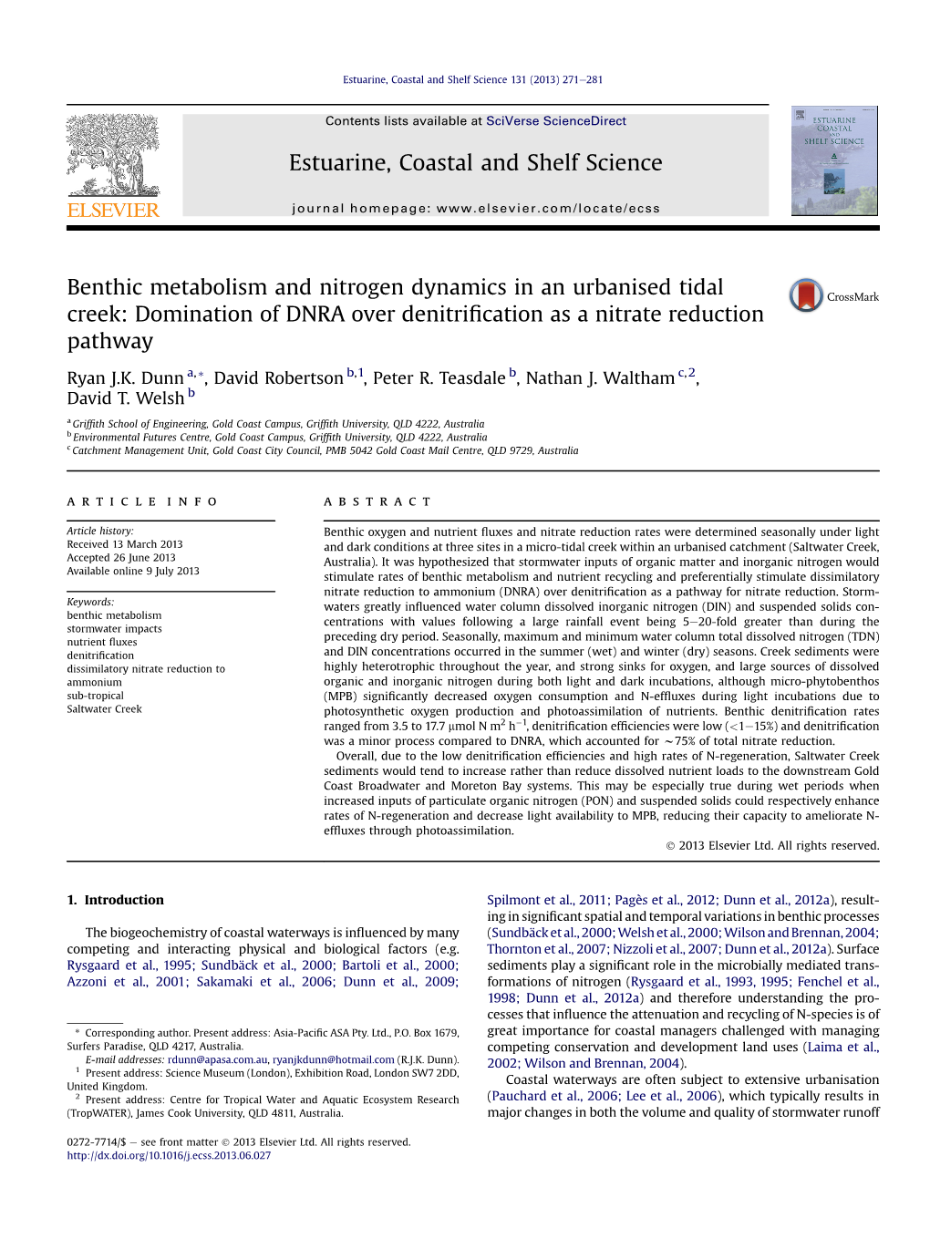 Benthic Metabolism and Nitrogen Dynamics in an Urbanised Tidal Creek: Domination of DNRA Over Denitriﬁcation As a Nitrate Reduction Pathway